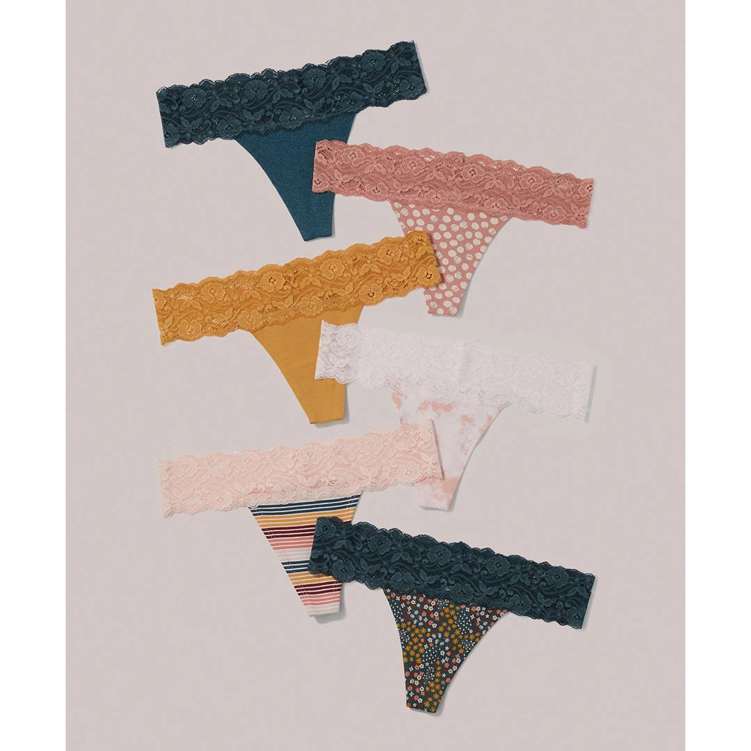 Womens Pact Organic Women Lace-Waist Thong 6-Pack 4 Womens Pact Organic Women Lace-Waist Thong 6-Pack